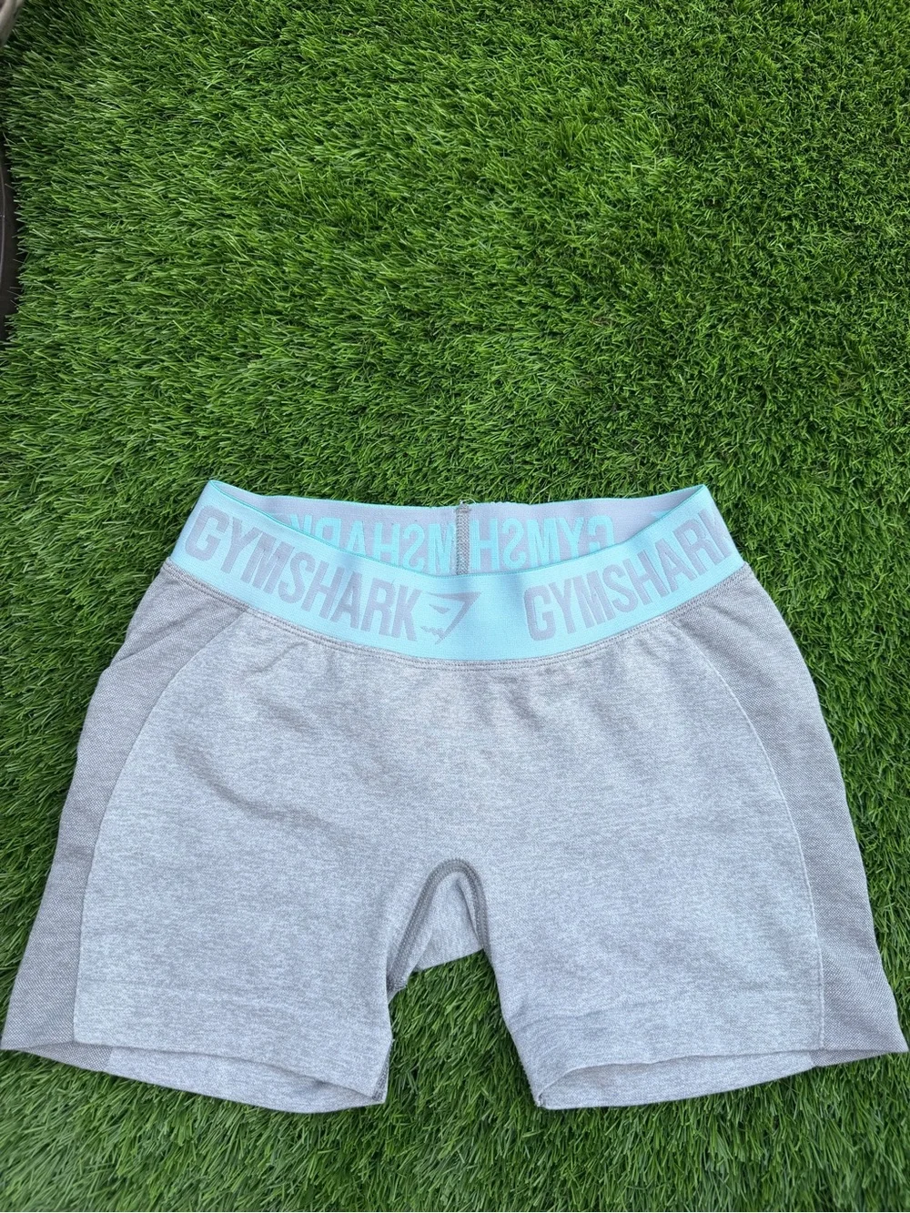 Gymshark Women’s Gray Gym shorts with Light Blue Waistband